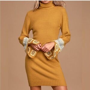Lulu's Mustard Cowl Neck Sweater with Crochet Sleeves